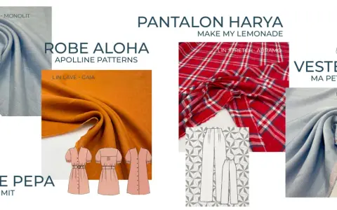 Tissus de lin bleu, orange et à carreaux rouges pour des vêtements. Patron de blouse, robe et pantalon.