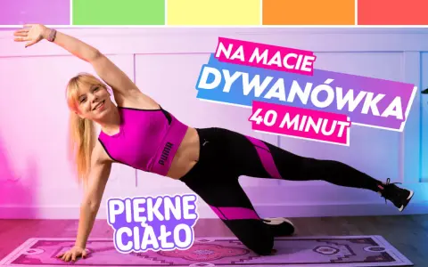 Kobieta wykonuje ćwiczenia na macie, boczną deskę. Trening "Dywanówka 40 minut" dla pięknego ciała.