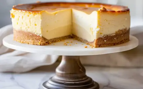 En krämig cheesecake med karamelliserad yta på ett marmorfat. Perfekt för ditt nästa cheesecake recept.