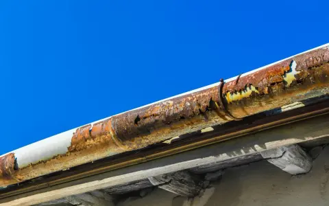 Gouttière en zinc très rouillée, nécessitant une réparation urgente. Le ciel bleu contraste avec la dégradation du matériau.