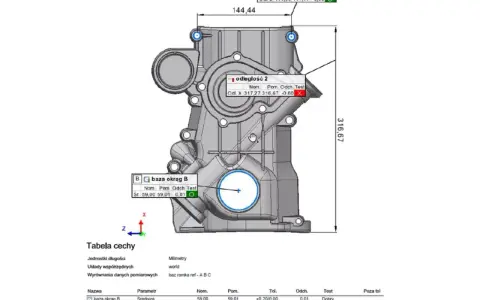Skan 3D elementu mechanicznego z zaznaczonymi odchyleniami wymiarowymi i tabelą wyników.