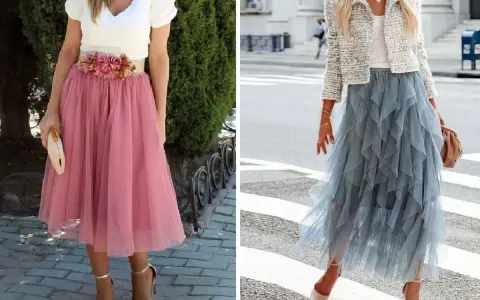 Dos looks para combinar falda midi de tul: una rosa con top blanco y flores, otra azul con chaqueta tweed.