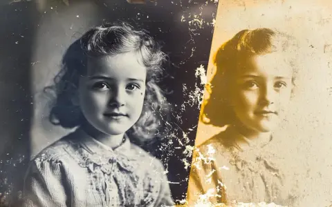 Un portrait d'enfant, divisé en deux. À gauche, une version plus nette, à droite, une version sépia à restaurer photo.