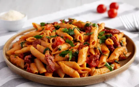 Penne z sosem pomidorowym, kawałkami suszonych pomidorów i świeżą bazylią. Idealne makaron z pomidorkami koktajlowymi na szybki obiad.