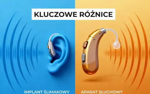 Porównanie implantów ślimakowych i aparatów słuchowych. Dwa rodzaje aparatów słuchowych, jeden w uchu, drugi na zewnątrz.