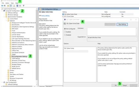 Local Group Policy Editor showing SSL Configuration Settings, specifically the SSL Cipher Suite Order policy.