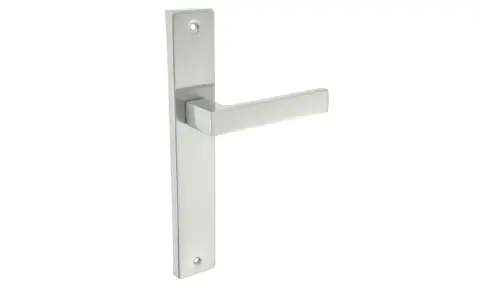 Elegancka klamka nikiel satyna na prostokątnej rozecie. Nowoczesny design, idealna do każdego wnętrza.