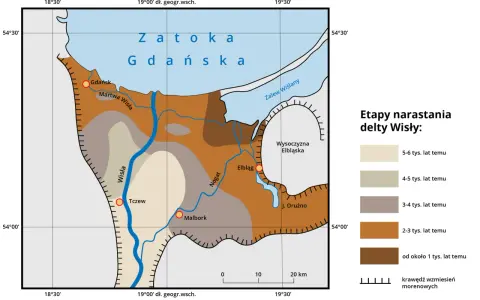 Mapa przedstawia etapy narastania delty Wisły, ukazując rozwój żuław gdańskich na przestrzeni tysięcy lat.