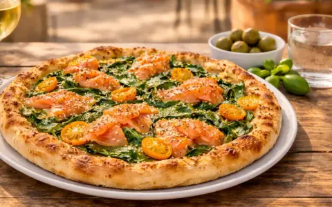 Eine köstliche Pizza mit Lachs und Spinat, garniert mit Kirschtomaten und Sesam. Perfekt für einen leichten Genuss.