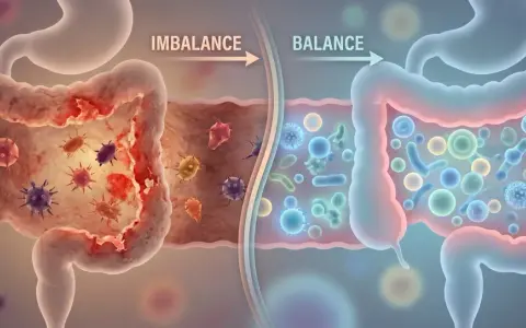 Illustrazione che mostra cos'è la disbiosi intestinale: un intestino con batteri dannosi (sinistra) e uno sano con batteri benefici (destra).