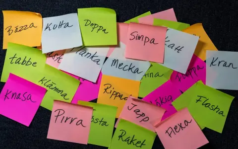 En hög med färgglada post-it-lappar med ord som "Bazza", "Kuta", "Doppa", "Simpa", "Planka", "Mecka", "Kran", "Knasa", "Klamma", "Rippac", "Japp", "Pirra", "Raket", "Flasha", "Flexa". Kanske en ordlek eller en lista över synonymer för uppehåll?