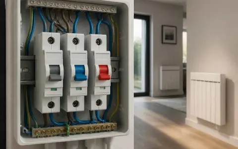 Boîtier électrique avec disjoncteurs, dont un pour le disjoncteur volet roulant, dans un intérieur moderne.