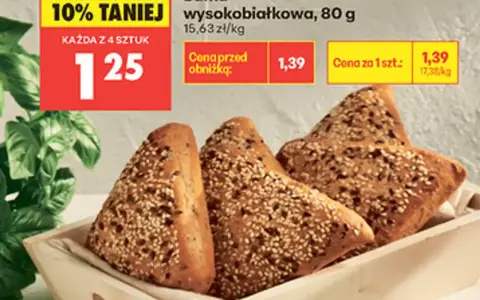 Bułka wysokobiałkowa z Biedronki, 80g, idealna na zdrową przekąskę. Niska cena i mało kcal.