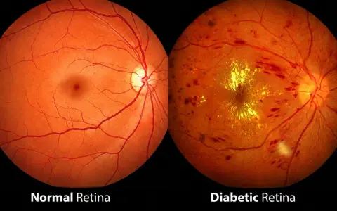 Confronto tra retina normale e retina diabetica con retinopatia diabetica proliferante, evidenziando emorragie e neovascolarizzazione.