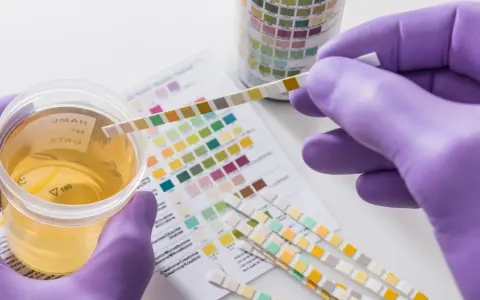 Urinprobe mit Teststreifen zur Analyse. Mögliche erhöhte Leukocyten im Urin werden durch Farbveränderungen auf dem Teststreifen angezeigt.