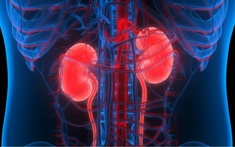 Anatomia nerek z naczyniami krwionośnymi. Czerwone nerki i aorta, niebieskie żyły. Wizualizacja może sugerować 4 stadium niewydolności nerek.