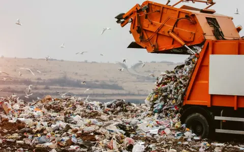 Pomarańczowa śmieciarka wysypuje odpady na wysypisku. Wokół latają mewy. Zastanawiasz się, gdzie oddać plastiki samochodowe? To miejsce nie jest odpowiednie.