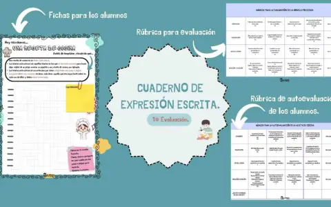 Cuadernillo de expresión escrita para imprimir, con actividades sobre recetas de cocina y rúbricas de evaluación.