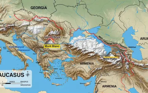 Mapa Kaukazu z zaznaczonym Elbrusem. Góra Elbrus leży w Europie, na kontynencie europejskim.