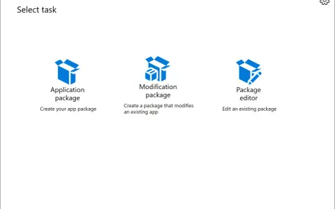 MSIX Packaging Tool: Wähle eine Aufgabe: App-Paket erstellen, Modifikationspaket erstellen oder eine MSIX-Datei bearbeiten.