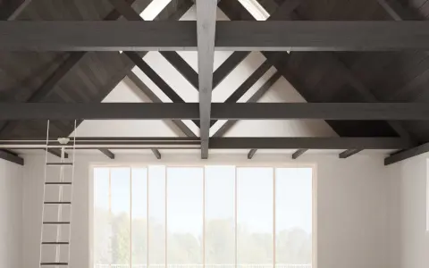 Idée peinture poutre plafond : poutres sombres contrastant avec un plafond blanc, créant un effet visuel saisissant.