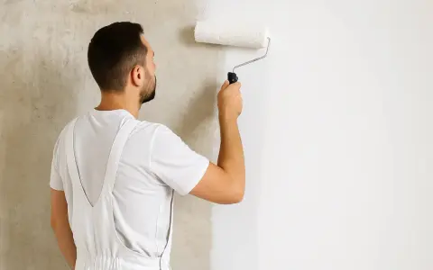 Mann trägt mit einer Malerrolle Rollputz auf eine Wand auf. Die Wand ist halb fertig, die linke Seite ist noch rau, die rechte Seite ist glatt und weiß.