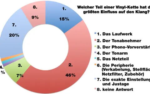 Kreisdiagramm zeigt, was bedeutet Musik für Vinyl-Liebhaber: Der Tonabnehmer (46%) und die exakte Einstellung (20%) sind am wichtigsten.
