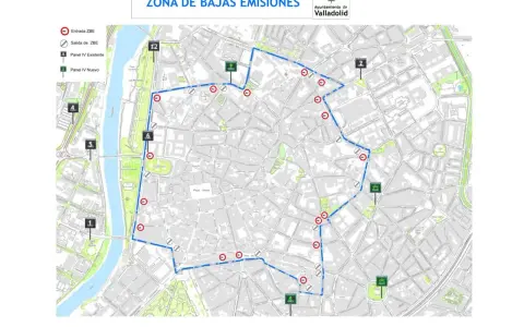 Mapa de la ZBE Valladolid: ruta delimitada, entradas/salidas y paneles informativos.