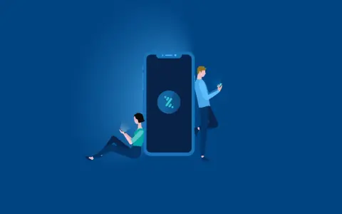Dos personas usan sus móviles junto a un gran smartphone. Explica qué es Bizum y cómo funciona, una forma fácil de enviar dinero.