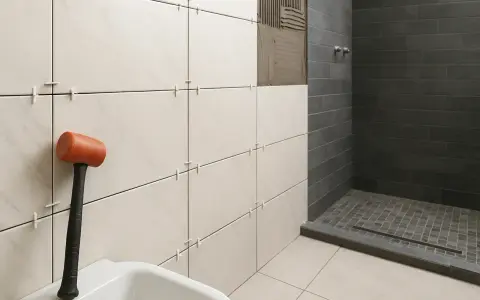 Herramientas para alicatar suelo de baño. Mazo de goma naranja junto a azulejos blancos y grises en proceso de instalación.