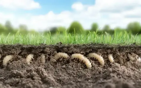 A cross-section of soil reveals a cluster of white grubs burrowing beneath lush green grass. Is it too late to treat for grubs?