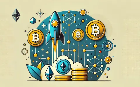 Rakieta startuje, symbolizując potencjał kryptowalut. Bitcoin i Ethereum unoszą się w tle, a sieć połączeń sugeruje, czym jest launchpad w świecie krypto.