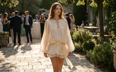 Mujer con vestido vaporoso camina en un jardín, inspirando estilos de boda bohemios y elegantes.
