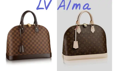 Dwie torebki Louis Vuitton Alma: jedna w kratę Damier Ebene, druga z monogramem.