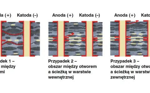 Schemat przedstawia trzy przypadki połączeń między anodą a katodą, pokazując ścieżki prądu.