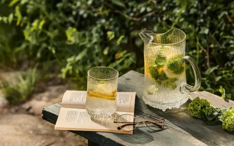 En glasburk med en alkoholfri drink, citron och mynta, står på en bok bredvid ett par glasögon.