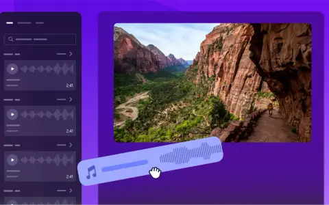 Interfaz de edición de video con paisaje de cañón y lista de audios libres de derechos.