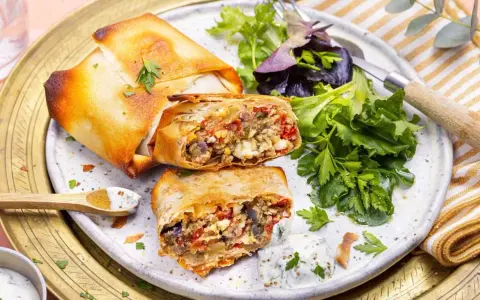 Deux bricks au thon croustillantes, garnies d'une farce savoureuse, servies avec une salade fraîche et une sauce crémeuse.