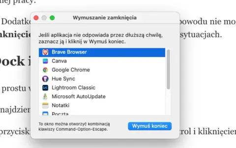 Okno "Wymuszanie zamknięcia" na Macu, gdzie widać listę aplikacji, w tym Brave Browser. To narzędzie, jak manager zadań, pomaga zamknąć zawieszony program.