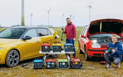 Dwóch mężczyzn testuje, jak samochód jako agregat prądotwórczy zasila sprzęt. W tle wiatraki.