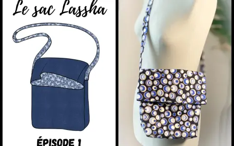 Le sac Lassha, un projet de couture facile. Illustration et photo d'un sac bandoulière bleu avec doublure à fleurs et tissu à pois.