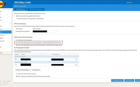 FRITZ!Box Sicherheitseinstellungen: WPA2-Verschlüsselung aktiviert, PMF-Unterstützung für sichere WLAN-Anmeldungen.