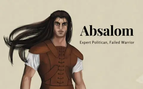 Absalom, trzeci syn króla Dawida, z długimi, rozwianymi włosami i w skórzanej zbroi.