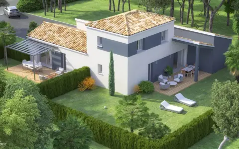 Plan maison jumelée 80m2 avec terrasses en bois, pergola et jardin paysager. Idéal pour une famille.