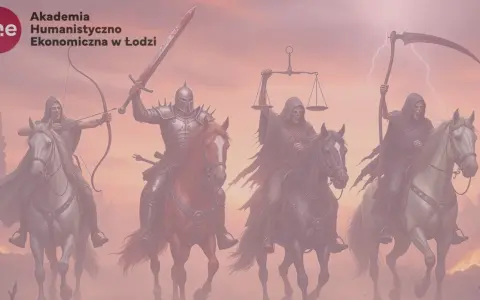 Czterej jeźdźcy Apokalipsy, symbolizujący wydarzenia z ostatniej księgi Nowego Testamentu, na tle burzowego nieba.