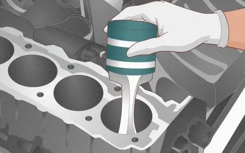 A gloved hand inserts a tool into a cylinder bore, possibly to address a p0302 code by checking for piston or cylinder damage.