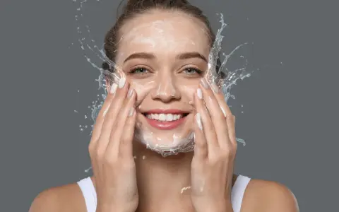 Mujer sonriente con espuma y agua en la cara, disfrutando de su rutina de doble limpieza.