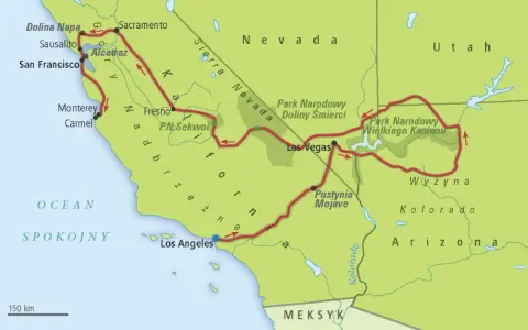 Mapa pokazuje trasę przez Kalifornię, Nevadę i Arizonę, gdzie leży Las Vegas, między parkami narodowymi i pustynią Mojave.