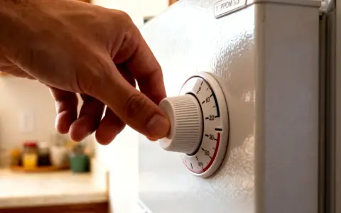 Dłoń kręci pokrętłem termostatu lodówki, ustawiając temperaturę.
