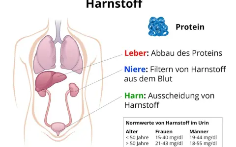 Illustration zeigt menschliche Organe und erklärt, wie Leber Proteine abbaut und Nieren Harnstoff filtern. Hoher Harnstoffwert kann ein Problem sein.